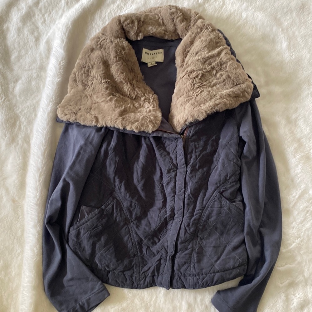 Marrakech Blue Quilted Jacket with removable faux fur collar